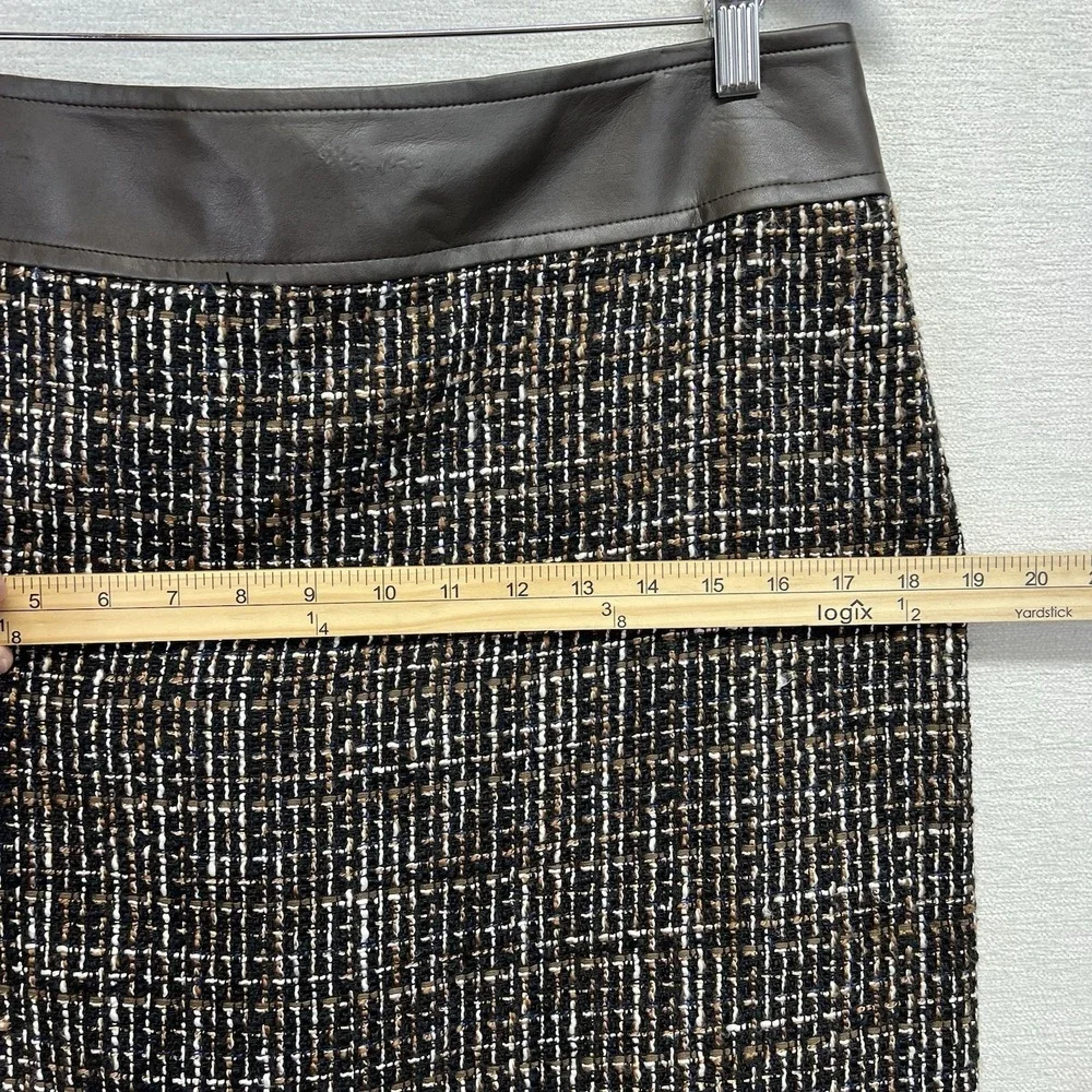 J.McLaughlin Pencil Skirt Womens 8 Brown Tweed Faux Leather Trim Back Vent‎